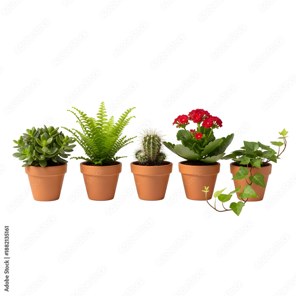 Fototapeta premium Diverse collection of fresh potted plants including succulents, fern, cactus, and flowering Kalanchoe for indoor gardening