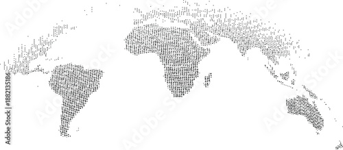A black and white illustration of a world map made up of small dots