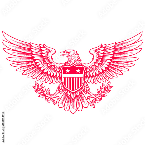 A red eagle emblem with outstretched wings, shield with stars and stripes, on a solid black background, detailed line art style