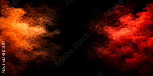 An abstract background of fiery orange flames and smoke burning in the dark creates a motion texture of intense heat and red energy from a blazing inferno explosion