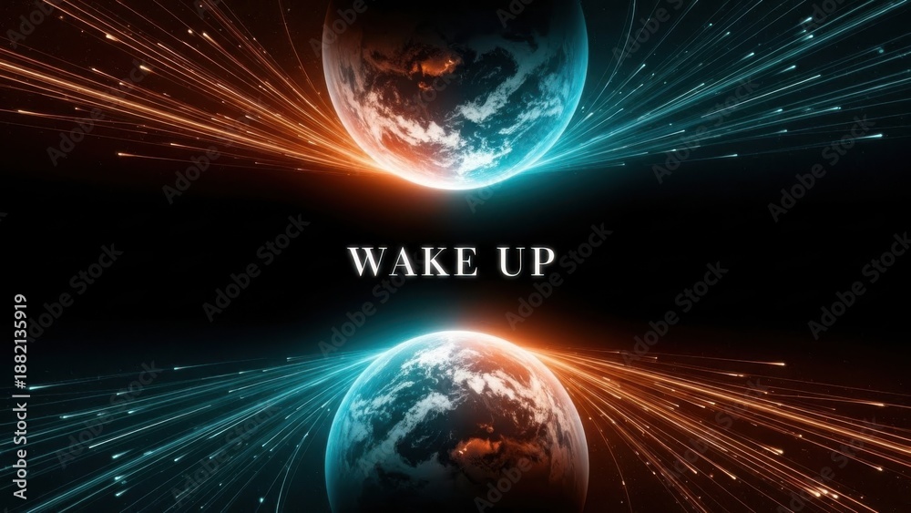 Fototapeta premium Cosmic wake up message with colliding planets