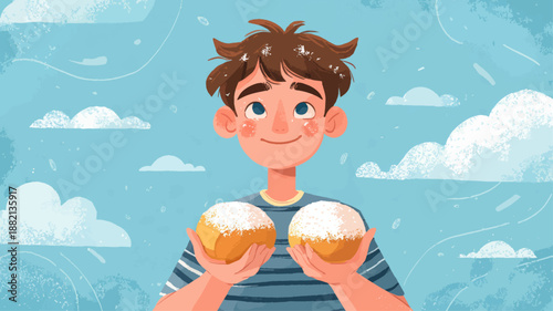 Happy Child Celebrating Pączki Day with Powdered Sugar Donuts Illustration for Polish Holiday Bakery Promotions