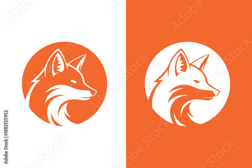 Minimalist fox head logo design set orange and white versions with circular background