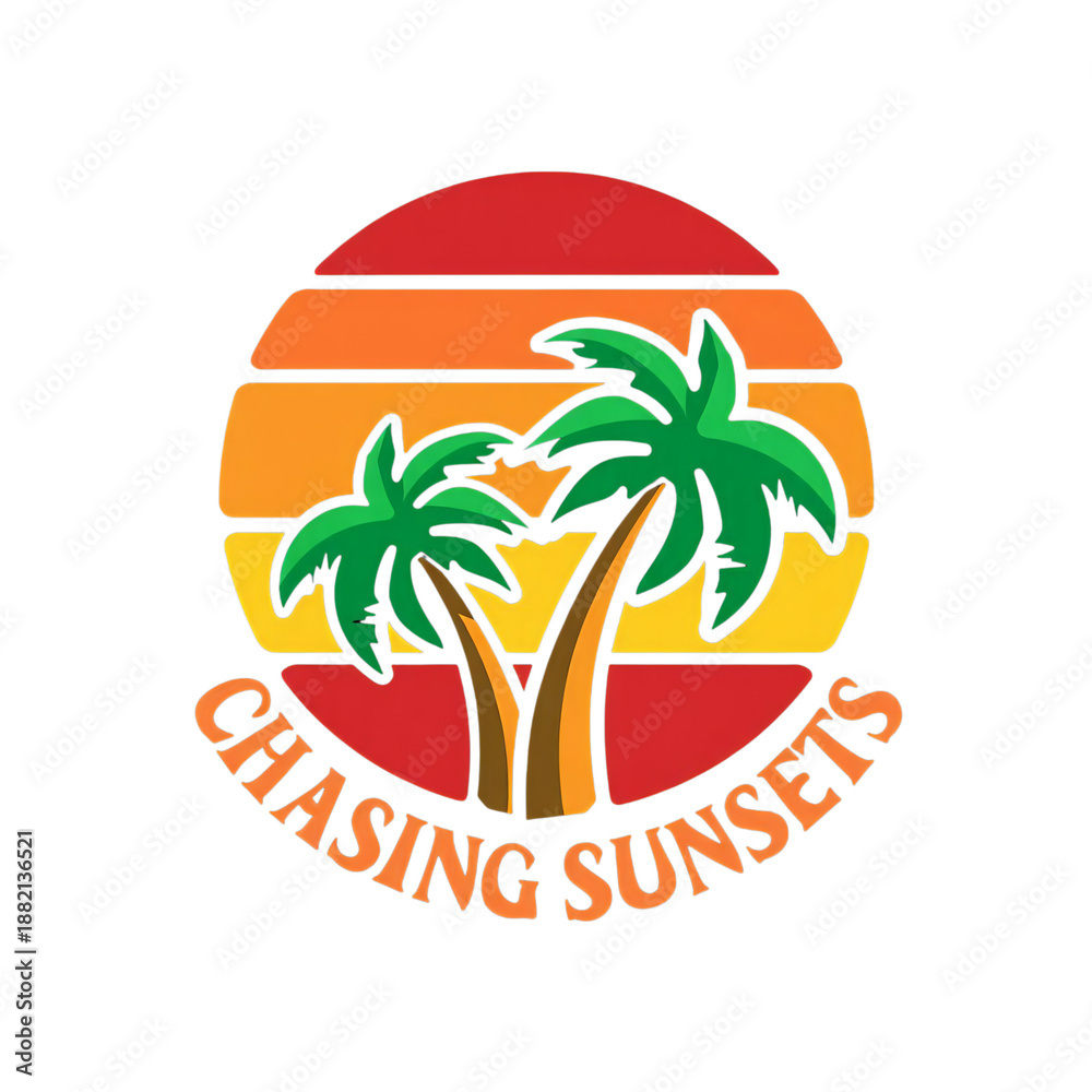 Fototapeta premium Chasing sunsets colorful graphic with palm trees and beach vibe