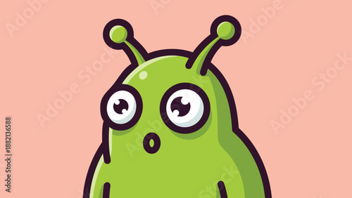 Surprised Green Alien with Antennae and Wide Eyes Cartoon.