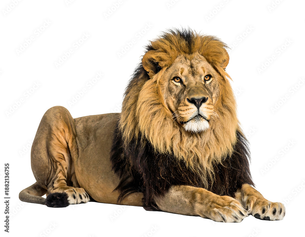 Fototapeta premium Majestic male big cat rests, golden mane framed against a black backdrop, direct gaze