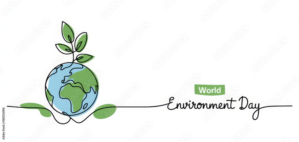 © FATNA - World environment day minimalist vector background with earth in hands and plant. One continuous line drawing. Poster, banner, background with lettering environment day.