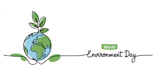 World environment day minimalist vector background with earth in hands and plant. One continuous line drawing. Poster, banner, background with lettering environment day. 