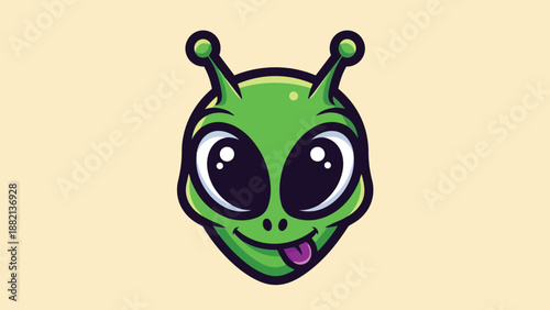 Whimsical Green Alien Head with Tongue Sticking Out Cartoon.