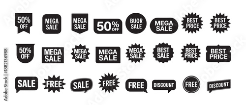 Sale and Promotion Badge Icons Set. E-commerce Sale Badges and Offer Icons, Black Sale Stickers and Discount Labels Collection. vector illustration eps 10