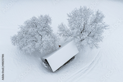 Aerial view of a snow-covered cabin nestled between frosty trees, a serene winter scene with tire tracks etched in the white landscape, Stainz, Styria, Austria.