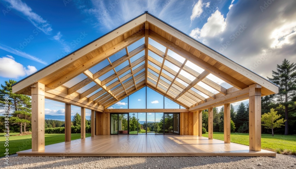 Obraz premium Modern Wooden Pavilion with Glass Roof and Open Sides in a Serene Outdoor Setting.