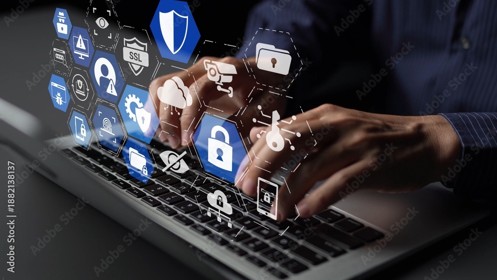 Fototapeta premium Cyber security protection and cyber security strategies against cyber threats, system hacks, digital breaches, network attacks, and safeguarding data with strong cyber security infrastructure. Funnel