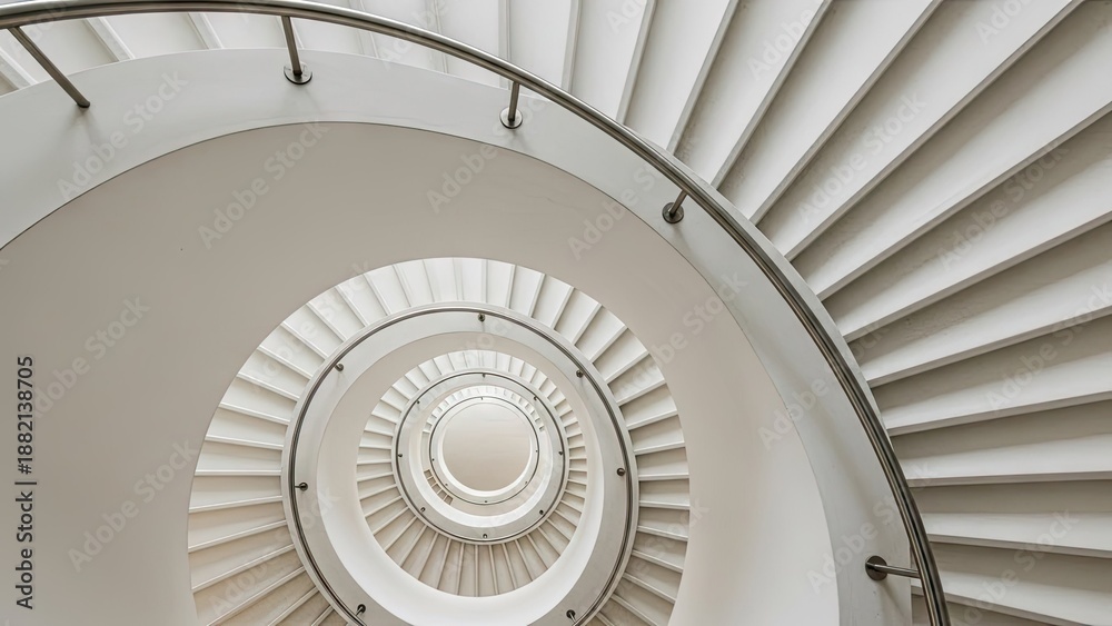 Fototapeta premium A spiral staircase with a sleek metal railing and white steps