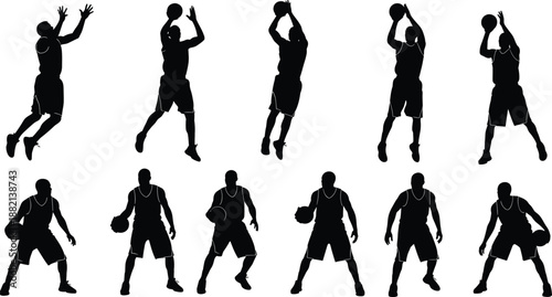 Basketball player silhouette set, black illustration of jump shot and dribbling poses for sports design, motion study, training