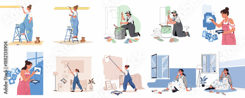 DIY home painting process illustration set: pregnant woman painting nursery, mixing colors, decorating walls, and finishing the interior renovation project.