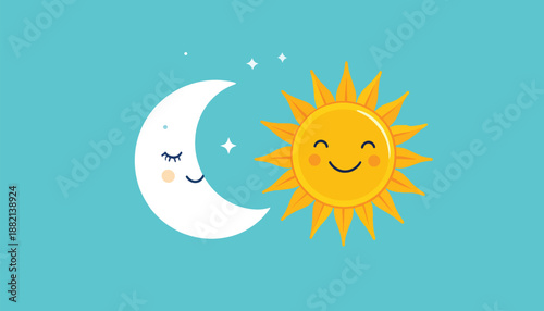 Smiling Sun and Sleeping Moon Illustration on Blue Background.