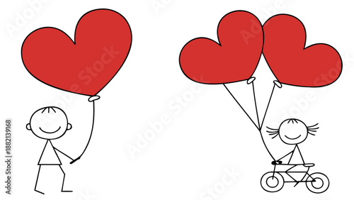 Stick figures holding heart balloons in playful scene