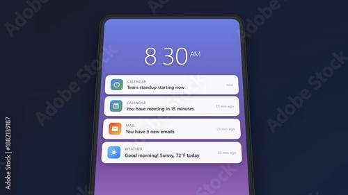 Productivity push notifications on smartphone lock screen with email calendar meeting reminders task alerts and work messages throughout busy day animation