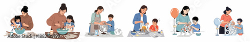 Parent and child learning together: A series of illustrations depicting DIY crafts, science projects, and educational activities using paper mâché.