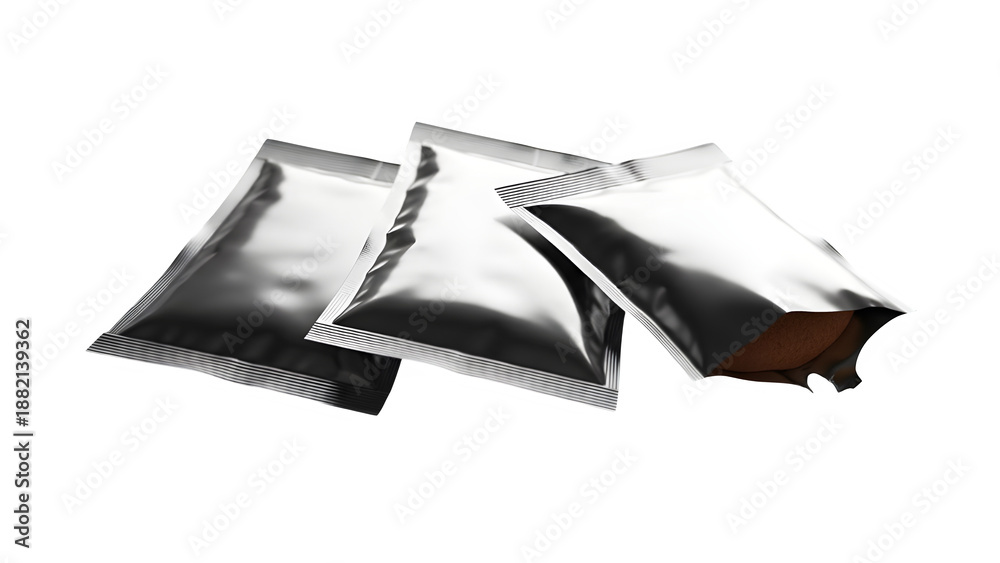 Naklejka premium Three shiny silver foil packets isolated on transparent background