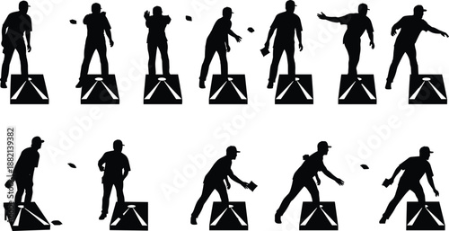 Cornhole player silhouette icons set, lawn game graphics, bean bag toss, outdoor activity, black design, sports motion illustrations