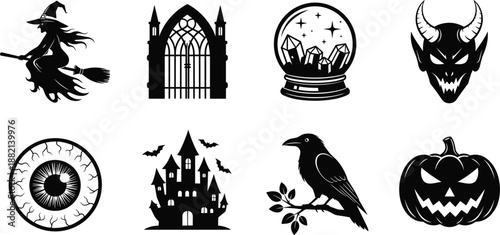 Halloween silhouette icon set, spooky black illustrations of witch, haunted castle, raven, eyeball, demon, pumpkin, gate, & crystal ball