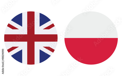 united kingdom and poland round flag icons set, uk and polish circular national flags isolated on white, european vector illustration