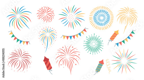 Colorful abstract fireworks and party flags on keywords: white background celebration explosion