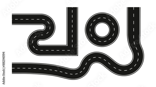 Keywords: Black asphalt road segments with white dashed lines on white background