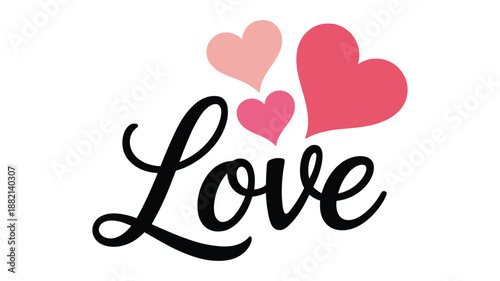 Keywords: Black script word Love with pink and coral hearts on white background