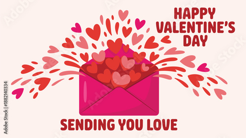 Pink envelope overflowing with red and pink hearts with text Happy Valentines Day Sending You Love keywords