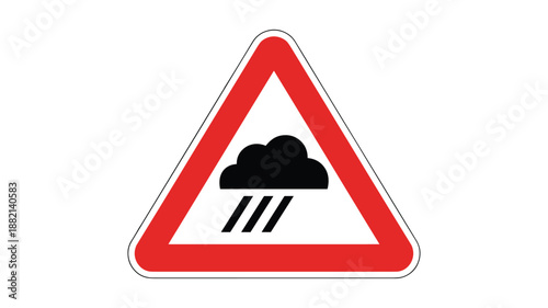 Warning sign for rain and slippery road surface with keywords: black cloud and rain symbol traffic safety