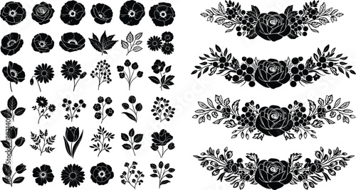 Set of black rose and wild flower silhouettes, floral elements, and decorative garden borders isolated on a white background for design.