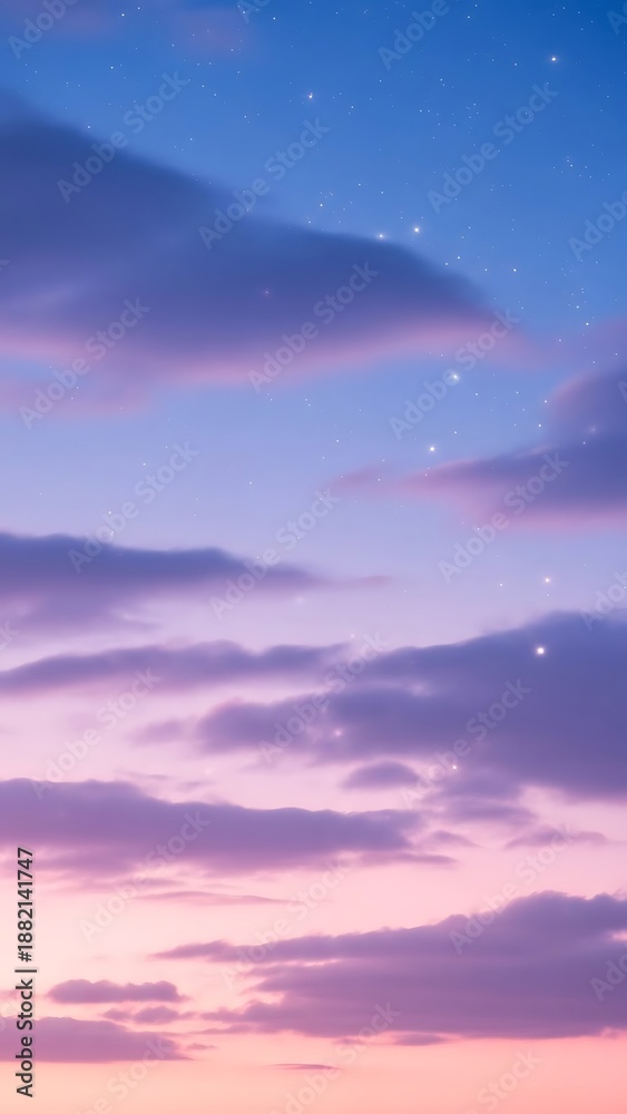 Fototapeta premium Twilight Sky with Stars and Clouds at Dusk, Serene Atmosphere, Soft Pink and Purple Hues
