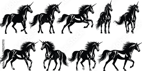 Unicorn silhouettes, fantasy creatures, black icons, mythical horse, mane, horn, elegant pose, vector, magical, rearing, walking, trotting, standing, mythical animal, majestic, creature, fairy tale