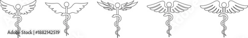 Caduceus and rod of Asclepius medical outline icon set. Snake entwined around a staff with wings for pharmacy and healthcare symbols, Isolated on transparent background. Vector illustration.