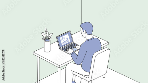 Man working on laptop at desk indoors.