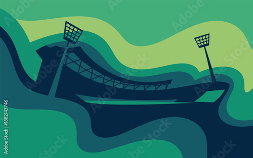 Stylized illustration of a sports stadium with floodlights against a green background
