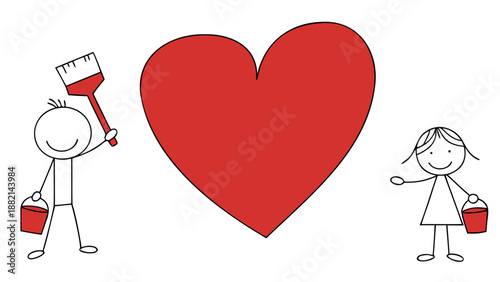 Couple painting a large red heart with love and care together