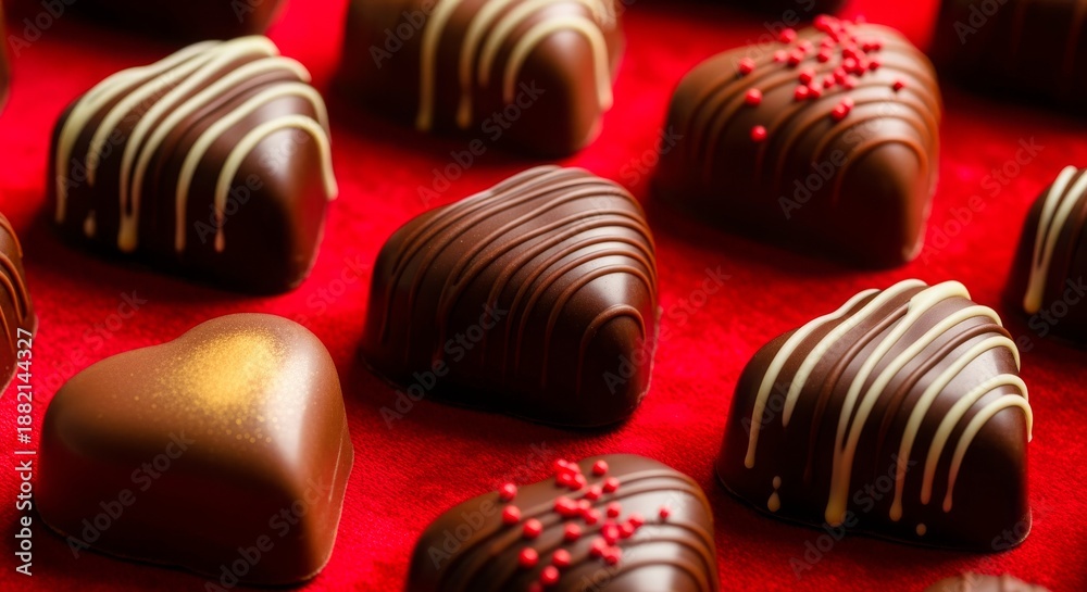 Obraz premium Delicious Heart-Shaped Chocolates on Red: A Sweet Indulgence for Love