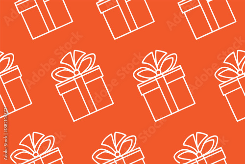 Seamless gift box pattern in clean white line art on a vibrant orange background. Repeating wrapped present illustrations with ribbon bows create a playful festive surface design. Perfect for birthday