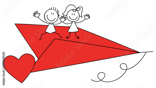 Happy children flying a red kite with a heart on a sunny day