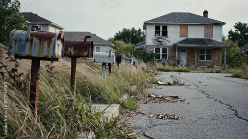 Dilapidated Abandoned Houses and Rusted Mailboxes in Overgrown Suburban Street Under Overcast Sky
