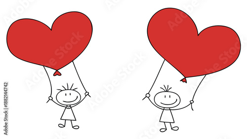 Smiling stick figures holding red heart balloons in air