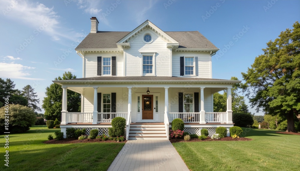 Fototapeta premium Grand White Colonial House with Expansive Front Porch and Lush Green Lawn.