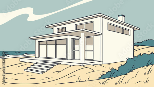 Minimalist white house on the sand, contemporary architecture, intense natural light.