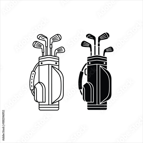 black and white illustration of a golf bag and golf clubs set