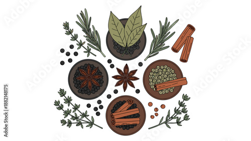 Top down view of various spices and herbs in bowls including cinnamon star anise peppercorns and fresh rosemary sprigs.