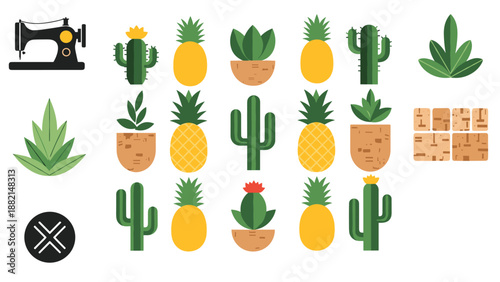 Creative hobby icons featuring sewing machine and various potted cacti and succulents alongside cork coasters.